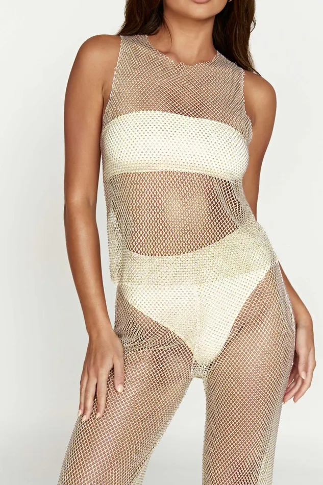 Women Emerson Diamante Mesh Tank Top 8211 Cream Cream Meshki Sleeveless Tops