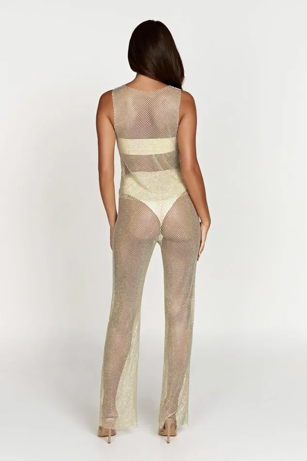 Women Emerson Diamante Mesh Tank Top 8211 Cream Cream Meshki Sleeveless Tops