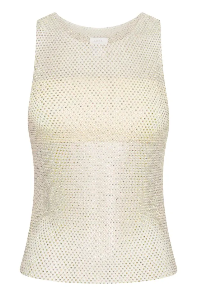Women Emerson Diamante Mesh Tank Top 8211 Cream Cream Meshki Sleeveless Tops