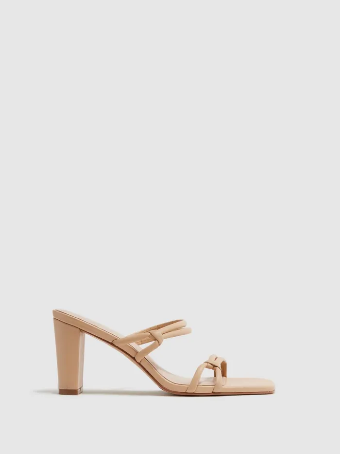 Women Emmy Leather Strappy Block Heels Almond Reiss Heels