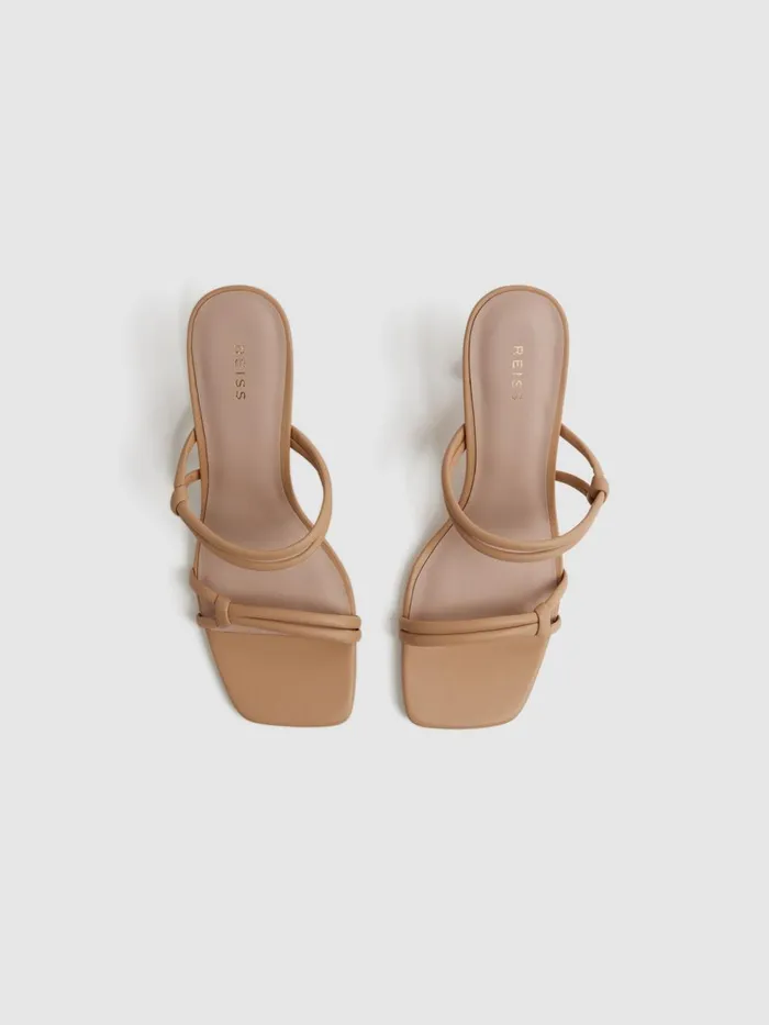 Women Emmy Leather Strappy Block Heels Almond Reiss Heels