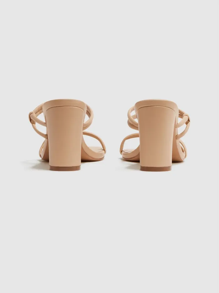 Women Emmy Leather Strappy Block Heels Almond Reiss Heels