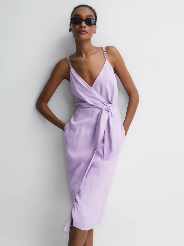Women Esme Linen Side Tie Midi Dress Lilac Reiss Dresses