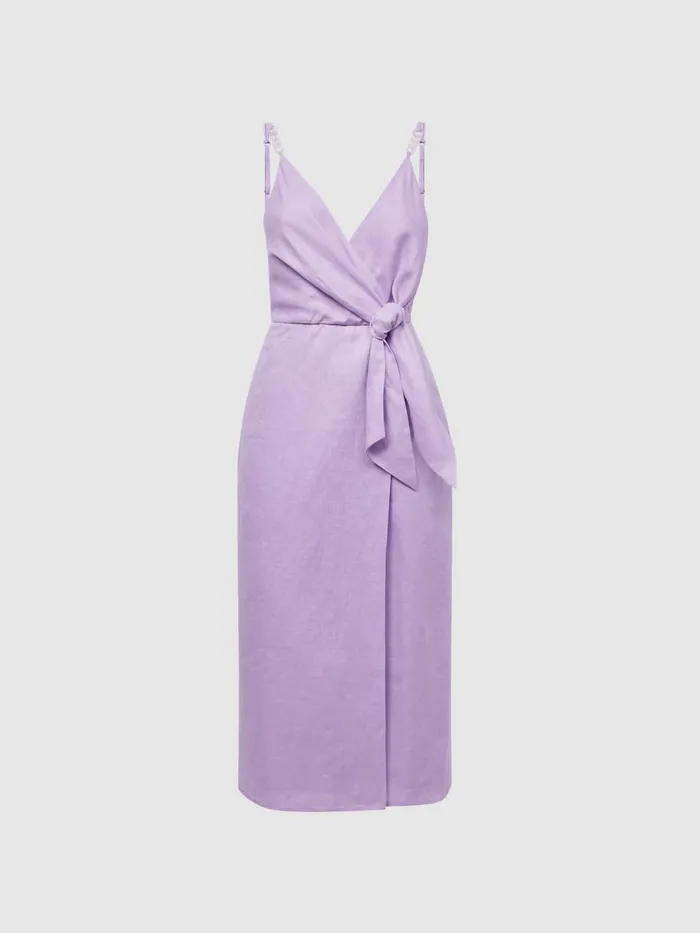 Women Esme Linen Side Tie Midi Dress Lilac Reiss Dresses
