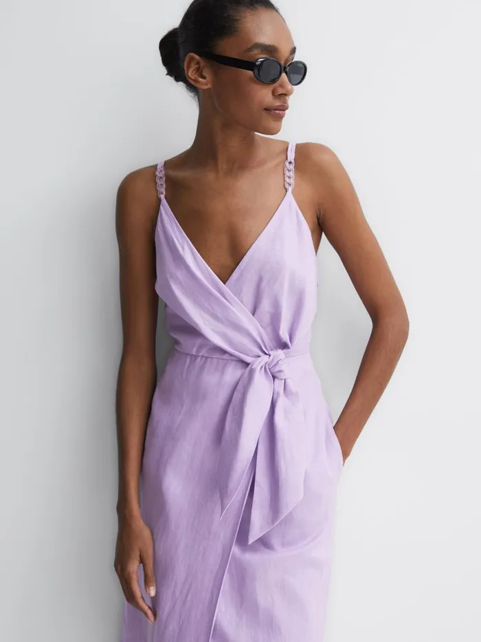 Women Esme Linen Side Tie Midi Dress Lilac Reiss Dresses