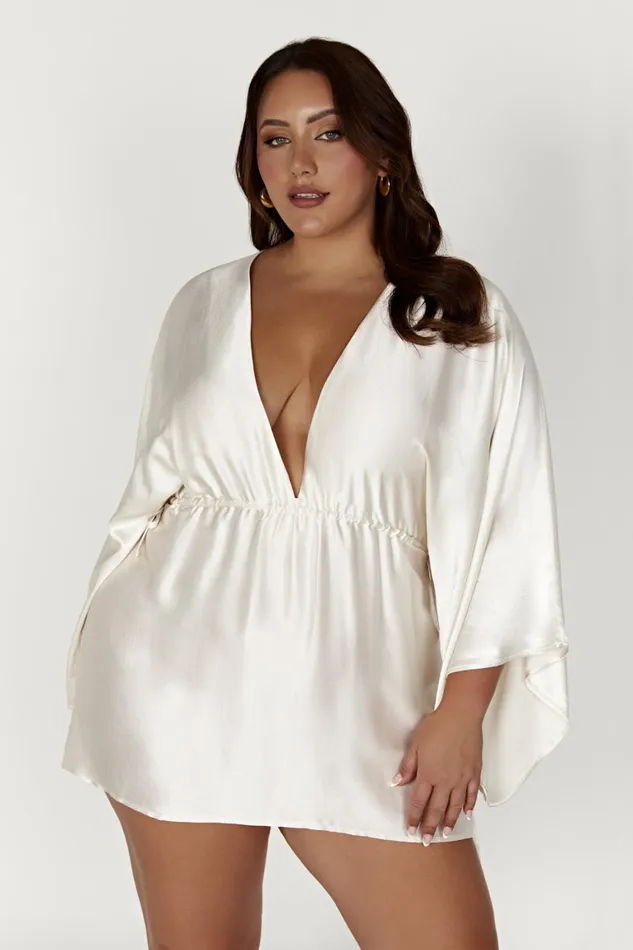Women Esmerlda Pleated Kimono Mini Dress 8211 Ivory Ivory Meshki Mini Dresses