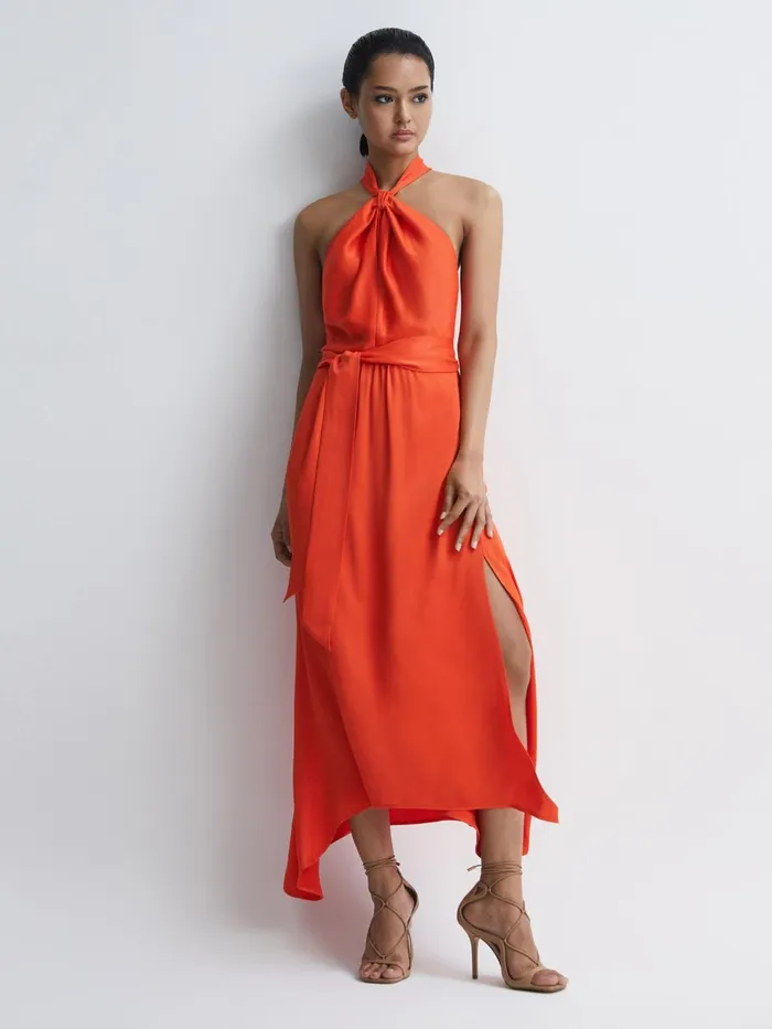 Women Evelyn Fitted Halter Neck Midi Dress Orange Reiss Dresses