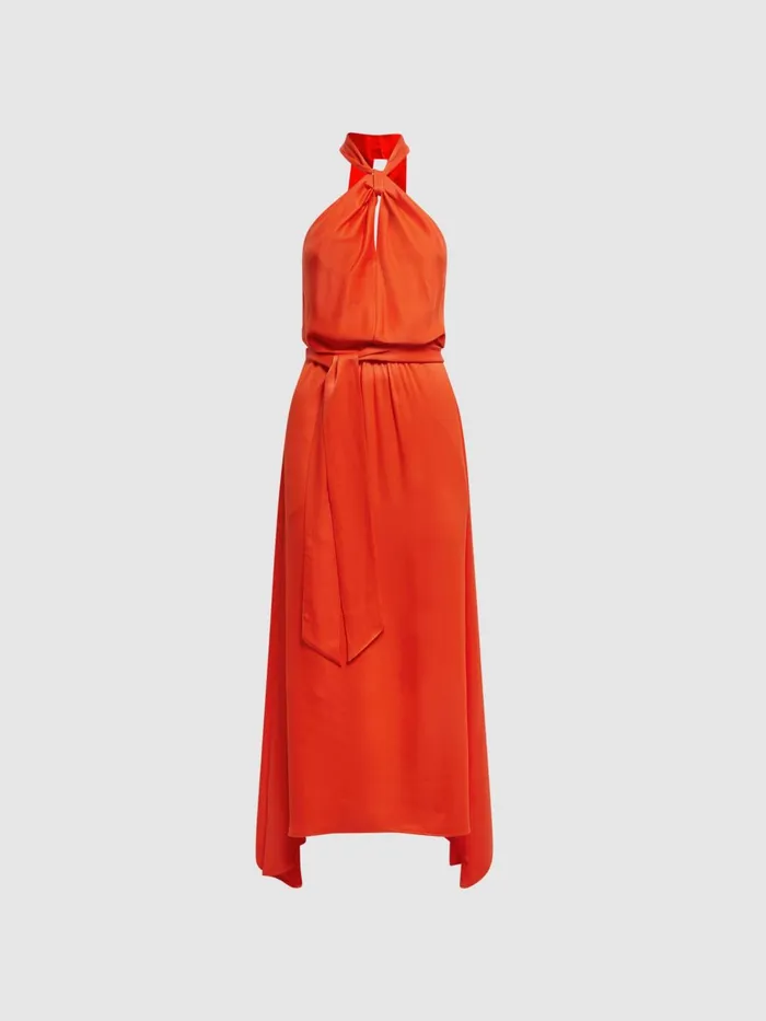 Women Evelyn Fitted Halter Neck Midi Dress Orange Reiss Dresses