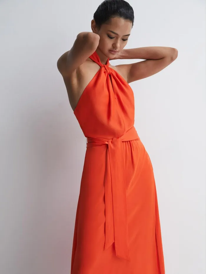 Women Evelyn Fitted Halter Neck Midi Dress Orange Reiss Dresses