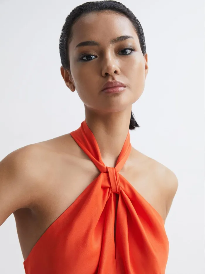 Women Evelyn Fitted Halter Neck Midi Dress Orange Reiss Dresses