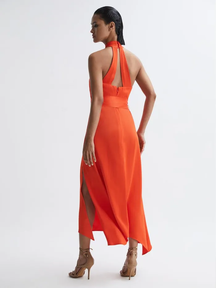 Women Evelyn Fitted Halter Neck Midi Dress Orange Reiss Dresses