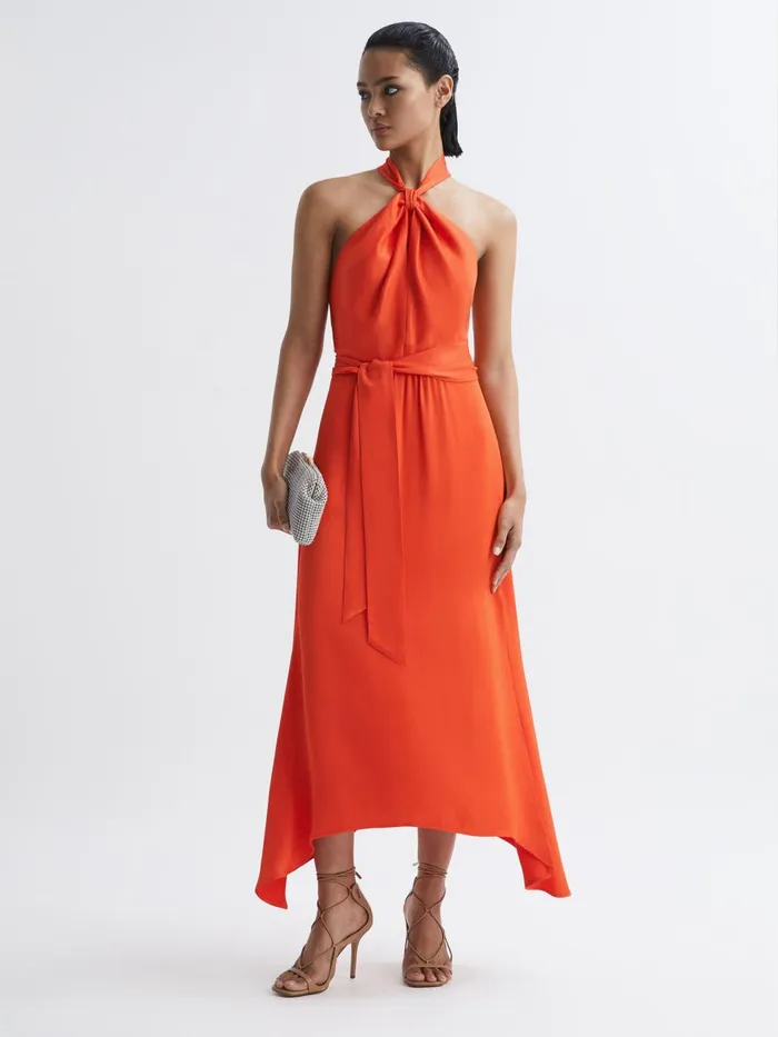 Women Evelyn Fitted Halter Neck Midi Dress Orange Reiss Dresses