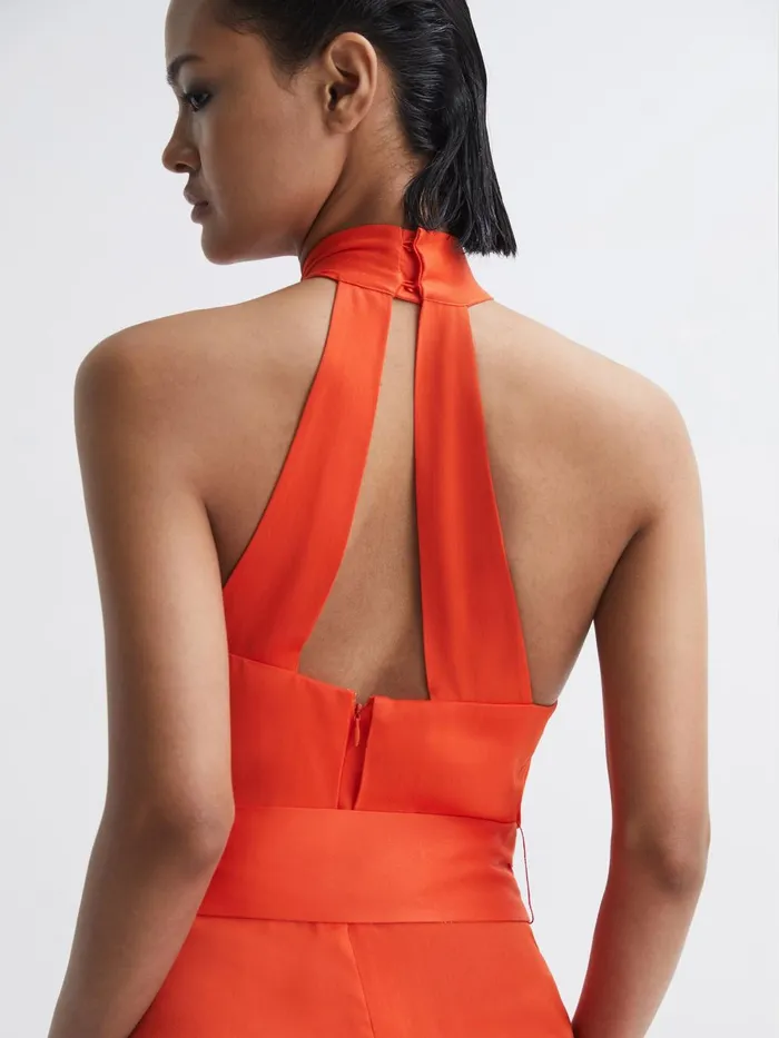 Women Evelyn Fitted Halter Neck Midi Dress Orange Reiss Dresses