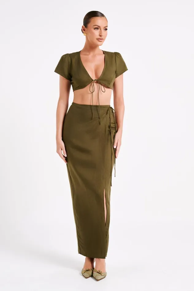 Women Fatima Linen Crop Top 8211 Khaki Khaki Meshki Crop Tops