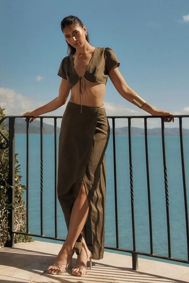 Women Fatima Linen Wrap Maxi Skirt 8211 Khaki Khaki Meshki Skirts