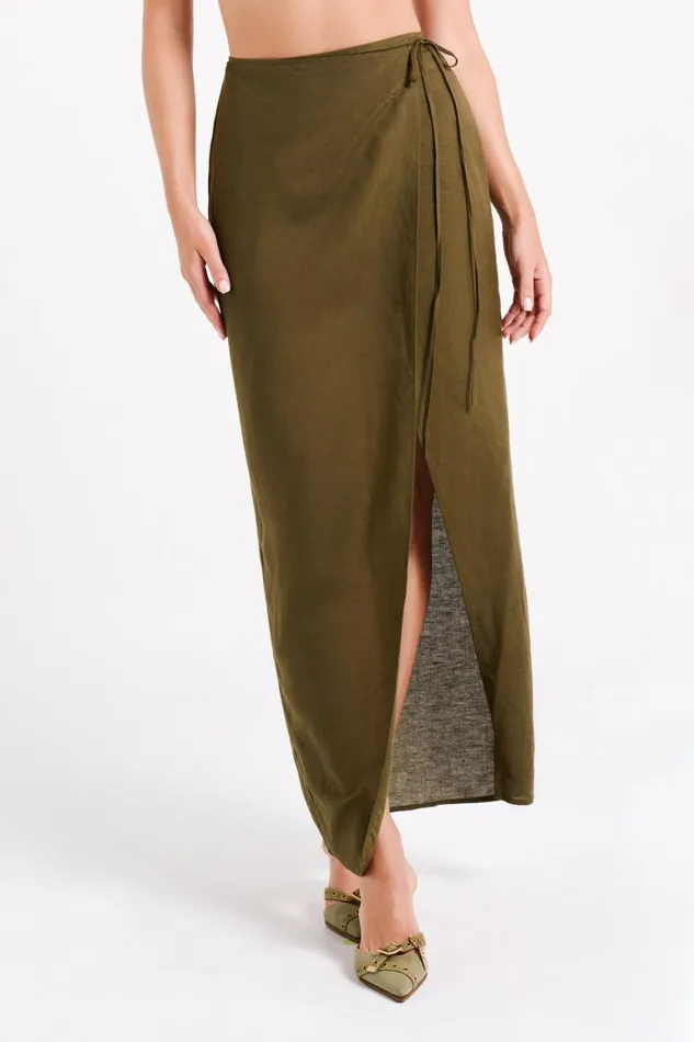 Women Fatima Linen Wrap Maxi Skirt 8211 Khaki Khaki Meshki Skirts