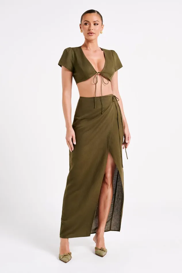 Women Fatima Linen Wrap Maxi Skirt 8211 Khaki Khaki Meshki Skirts
