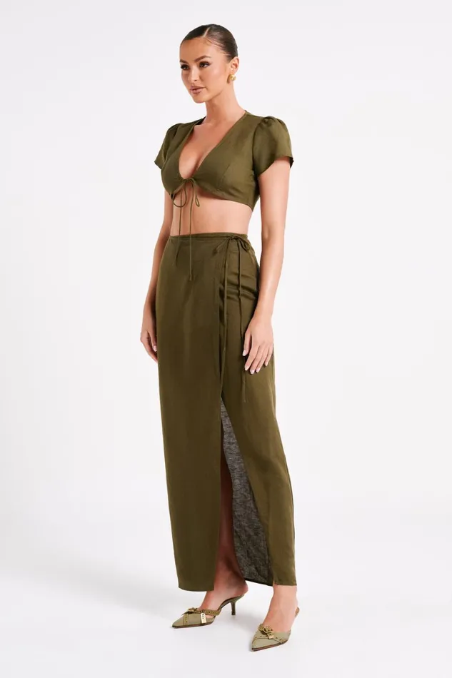 Women Fatima Linen Wrap Maxi Skirt 8211 Khaki Khaki Meshki Skirts
