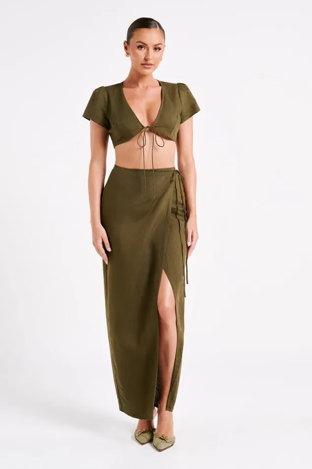 Women Fatima Linen Wrap Maxi Skirt 8211 Khaki Khaki Meshki Skirts