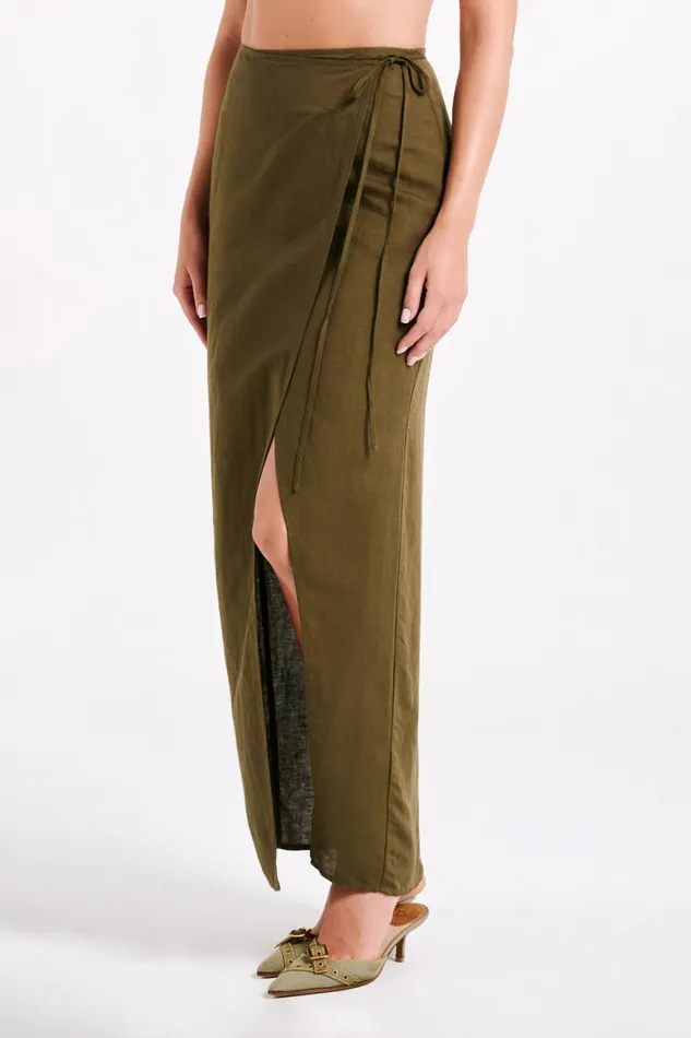 Women Fatima Linen Wrap Maxi Skirt 8211 Khaki Khaki Meshki Skirts