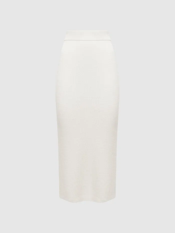 Women Fern Knitted High Rise Midi Skirt Cream Reiss Skirts