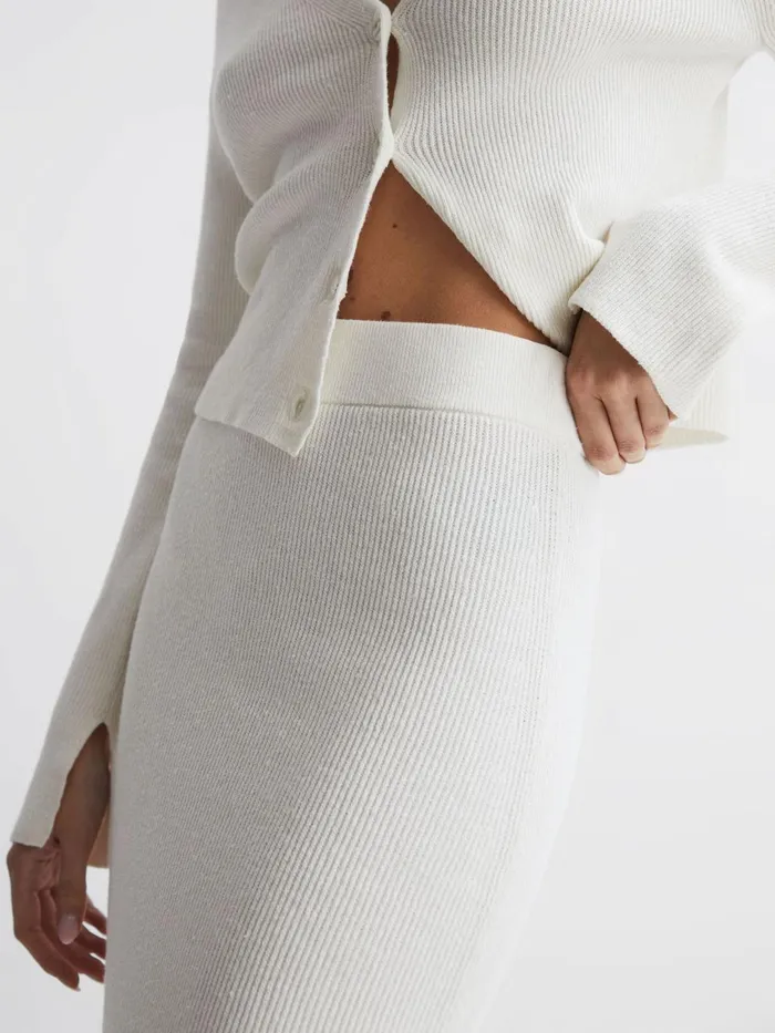 Women Fern Knitted High Rise Midi Skirt Cream Reiss Skirts