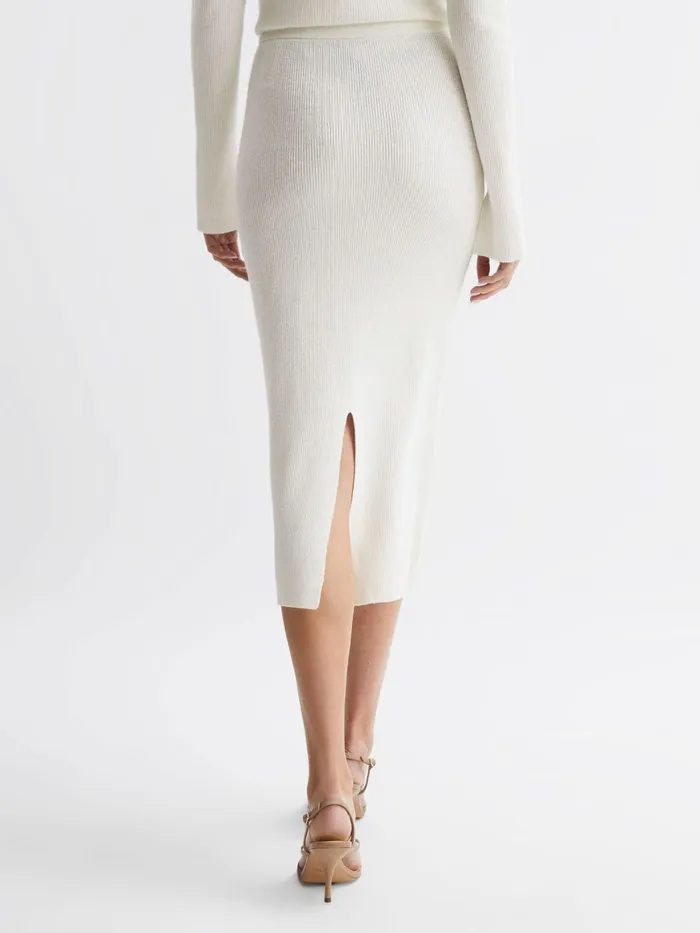 Women Fern Knitted High Rise Midi Skirt Cream Reiss Skirts