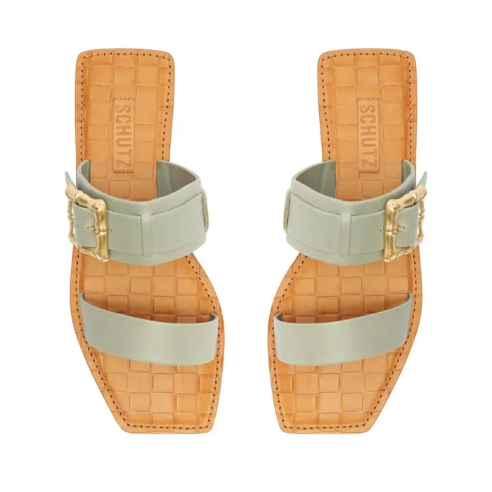 Women Flats Schutz Shoes Enola Double Leather Sandal Green