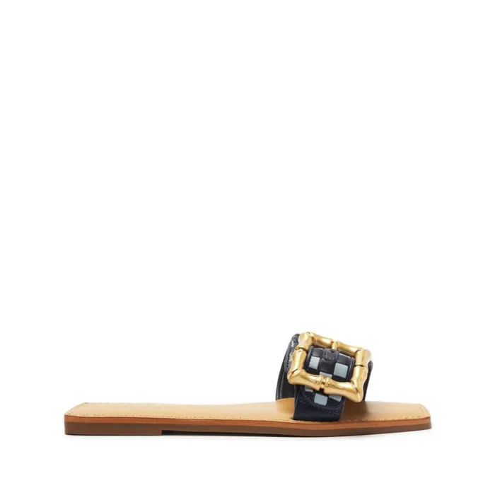Women Flats Schutz Shoes Enola Woven Leather Sandal Blue