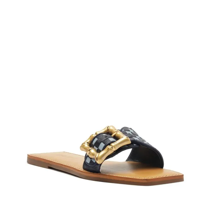 Women Flats Schutz Shoes Enola Woven Leather Sandal Blue