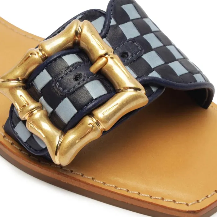 Women Flats Schutz Shoes Enola Woven Leather Sandal Blue