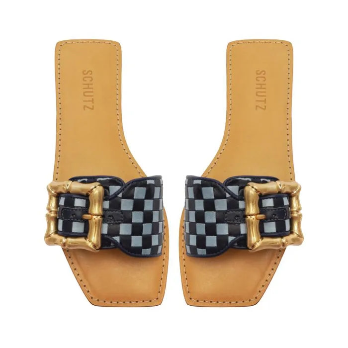 Women Flats Schutz Shoes Enola Woven Leather Sandal Blue