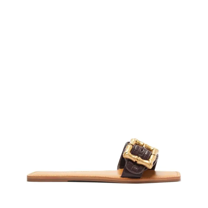 Women Flats Schutz Shoes Enola Woven Leather Sandal Dark Chocolate