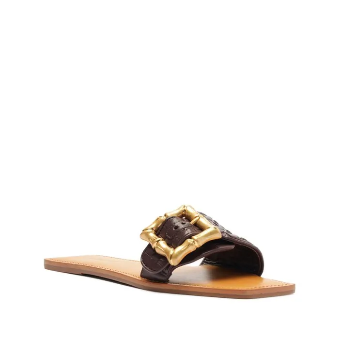 Women Flats Schutz Shoes Enola Woven Leather Sandal Dark Chocolate