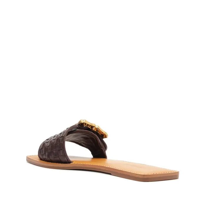 Women Flats Schutz Shoes Enola Woven Leather Sandal Dark Chocolate