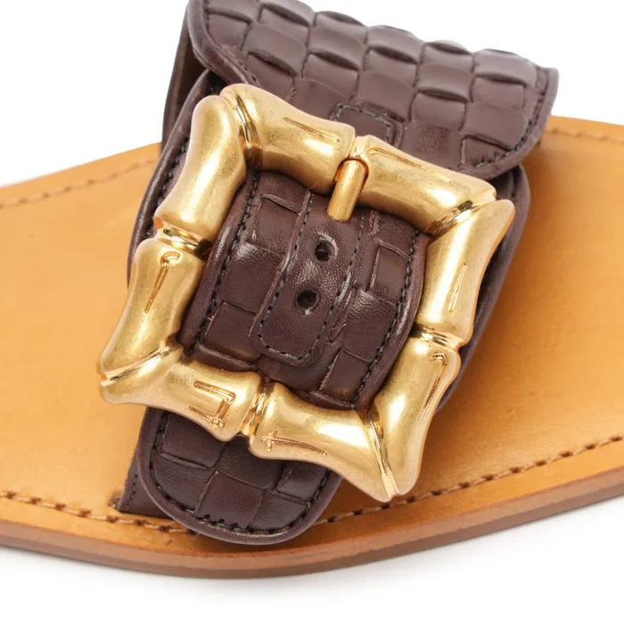 Women Flats Schutz Shoes Enola Woven Leather Sandal Dark Chocolate
