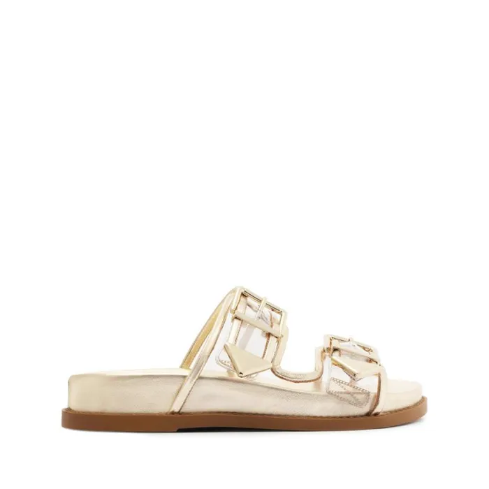 Women Flats Schutz Shoes Naomi Sporty Vinyl and Metallic Sandal Gold