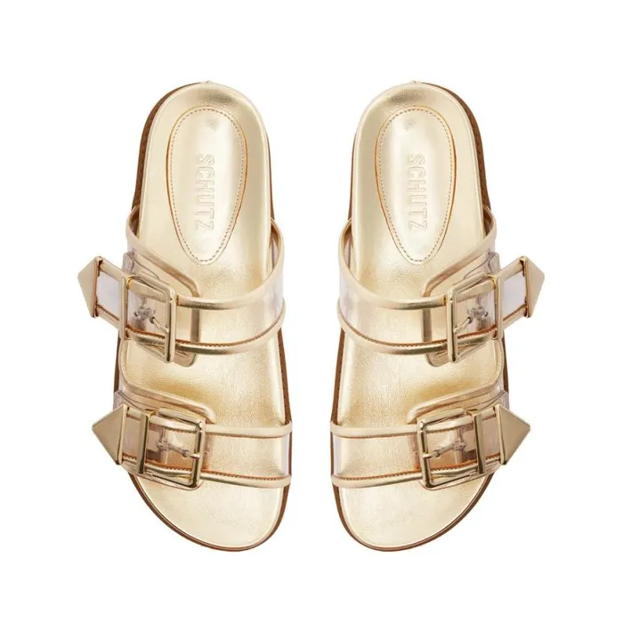 Women Flats Schutz Shoes Naomi Sporty Vinyl and Metallic Sandal Gold