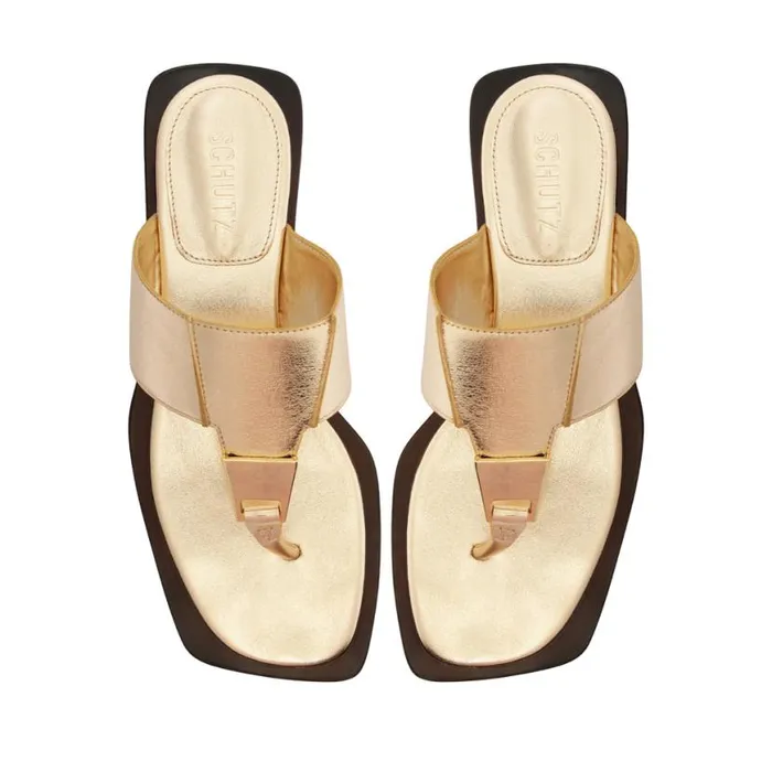 Women Flats Schutz Shoes Salma Metallic Leather Flat Sandal Gold