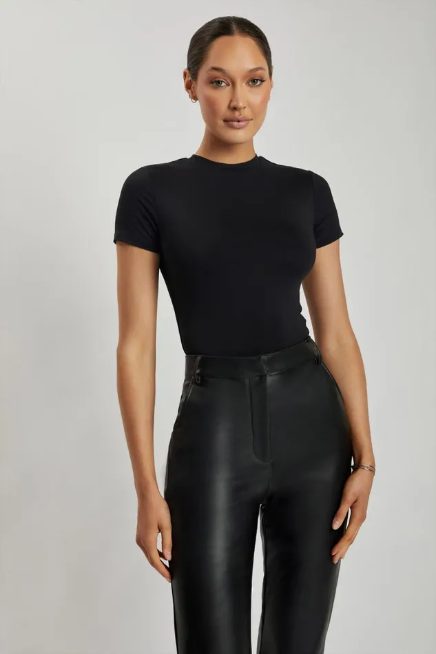 Women Francesca Crew Neck Short Sleeve Bodysuit 8211 Black Black Meshki Bodysuits
