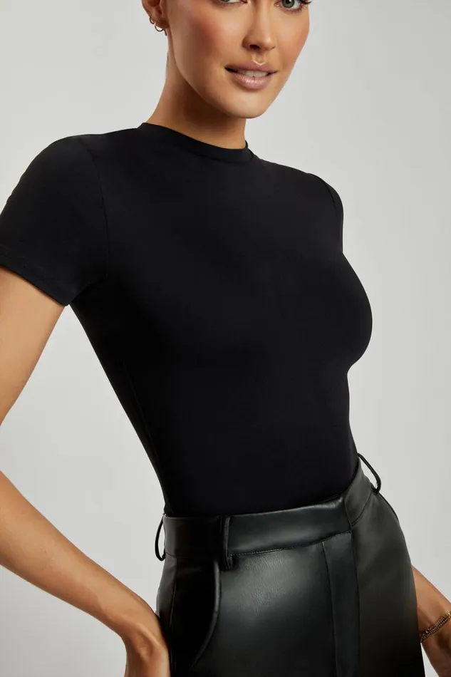 Women Francesca Crew Neck Short Sleeve Bodysuit 8211 Black Black Meshki Bodysuits
