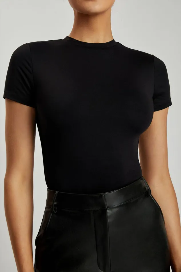 Women Francesca Crew Neck Short Sleeve Bodysuit 8211 Black Black Meshki Bodysuits