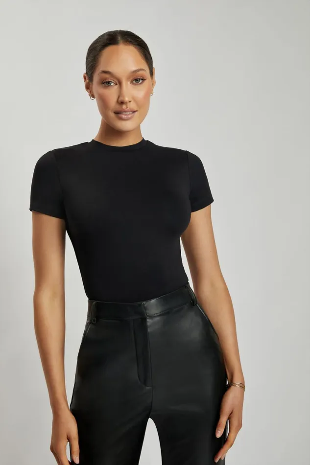 Women Francesca Crew Neck Short Sleeve Bodysuit 8211 Black Black Meshki Bodysuits
