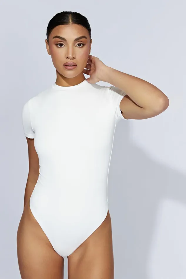 Women Francesca Crew Neck Short Sleeve Bodysuit 8211 White White Meshki Bodysuits