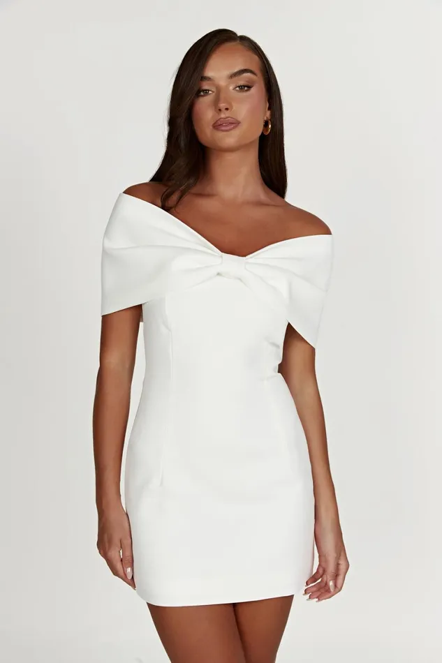 Women Gwyneth Off Shoulder Bow Mini Dress 8211 White White Meshki Mini Dresses