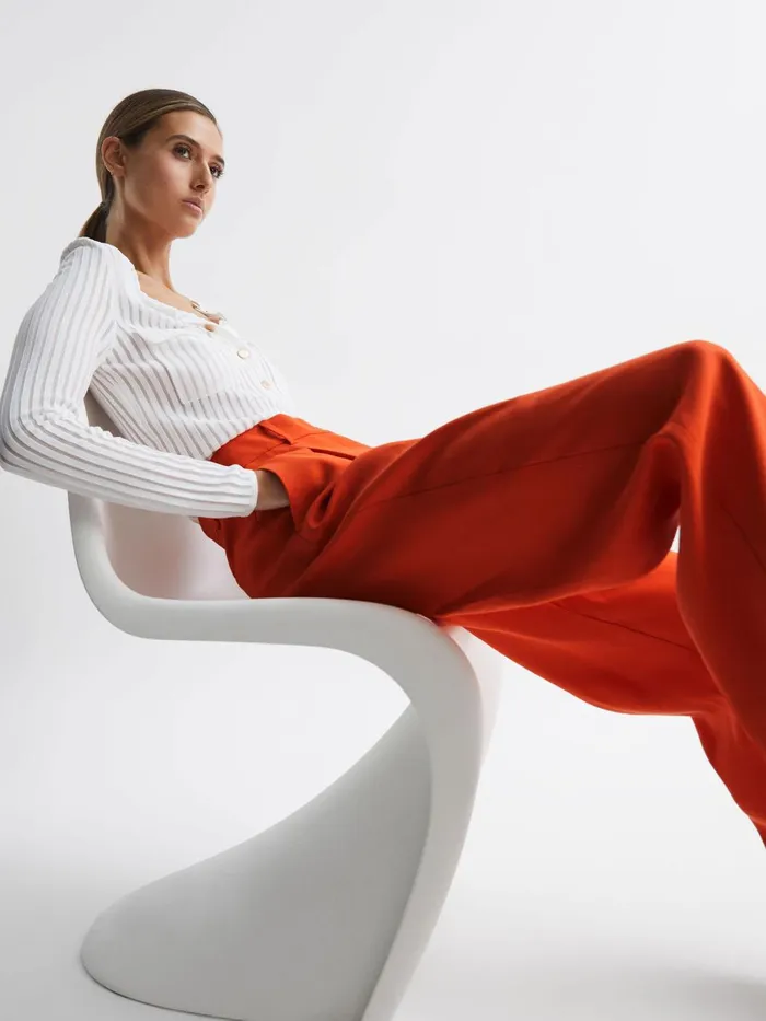 Women Hollie Wide Leg Linen Trousers Orange Reiss Trousers