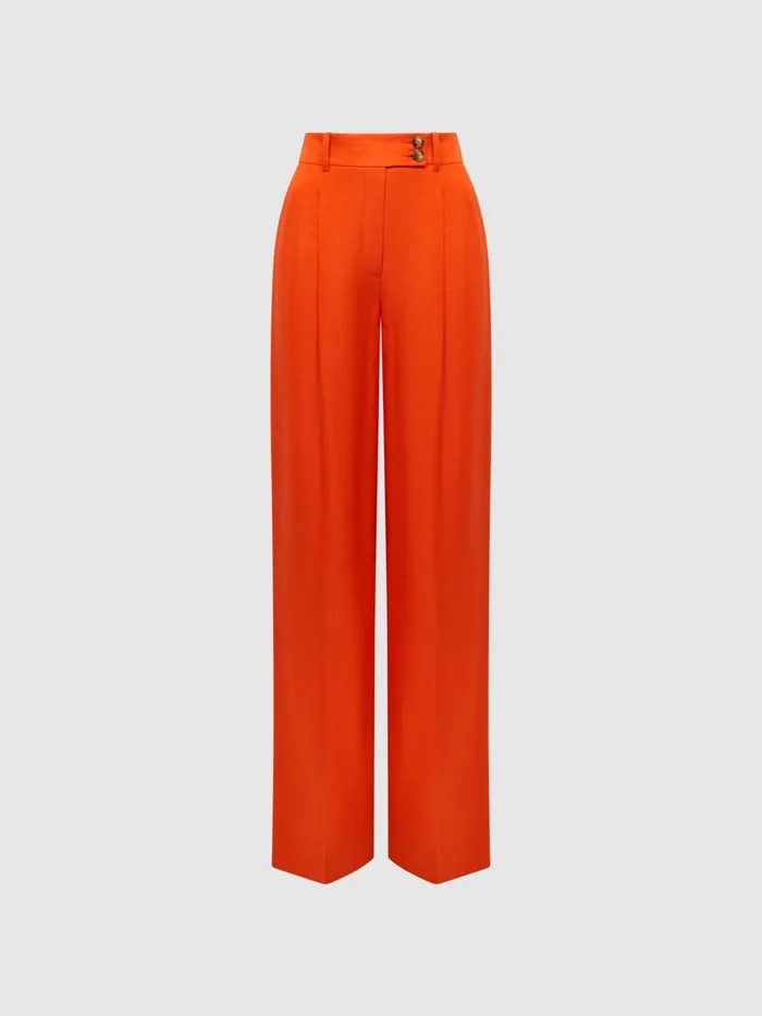 Women Hollie Wide Leg Linen Trousers Orange Reiss Trousers