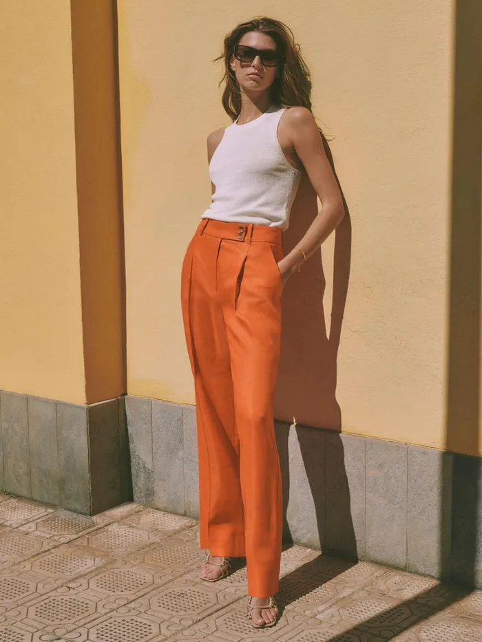 Women Hollie Wide Leg Linen Trousers Orange Reiss Trousers