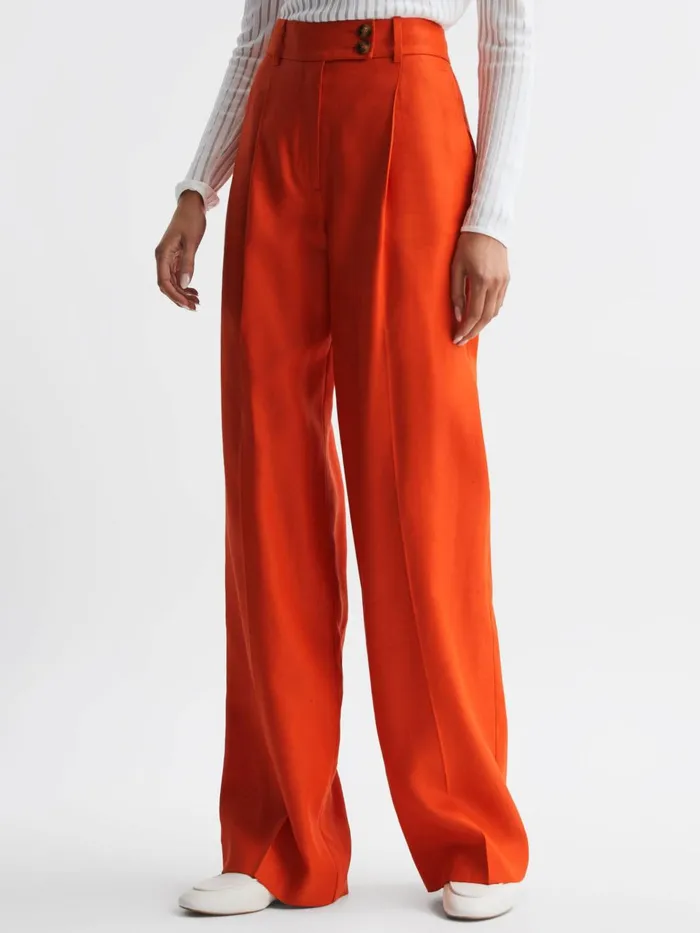 Women Hollie Wide Leg Linen Trousers Orange Reiss Trousers