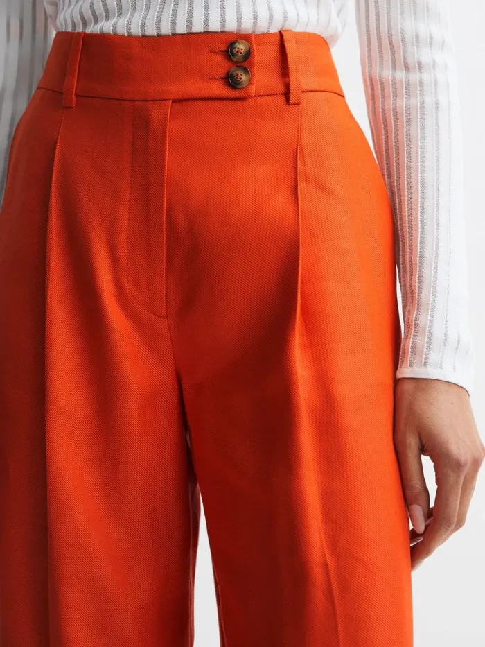 Women Hollie Wide Leg Linen Trousers Orange Reiss Trousers